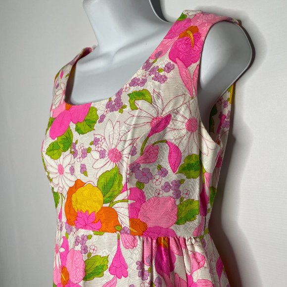 Vintage 60s White Pink Textured Floral Sleeveless Maxi Hostess Dress - Picture 6 of 8